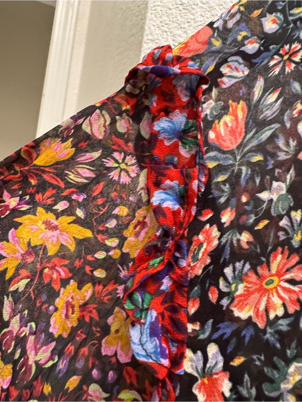 Anthropologie Black Floral Tiered Long-Sleeve Dress with Pink & Orange Accents - Picture 5 of 10
